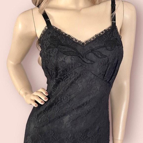 60s Vintage Black Lace Slip Dress XS Deadstock Lingerie Whimsigoth Coquette Goth - Picture 3 of 10